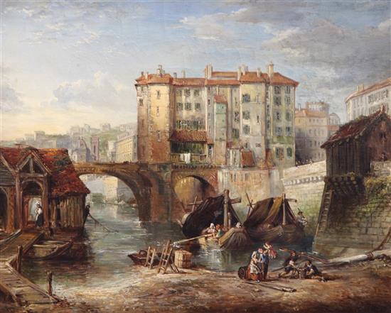 E J Hole (fl.1828-1863) The Old Bridge of Lyons in France 12.5 x 15.5in.